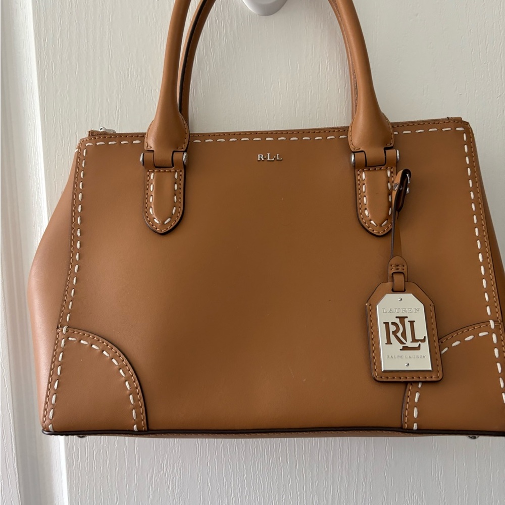 RALPH LAUREN RL Brown Leather Satchel Backstitch Handbag